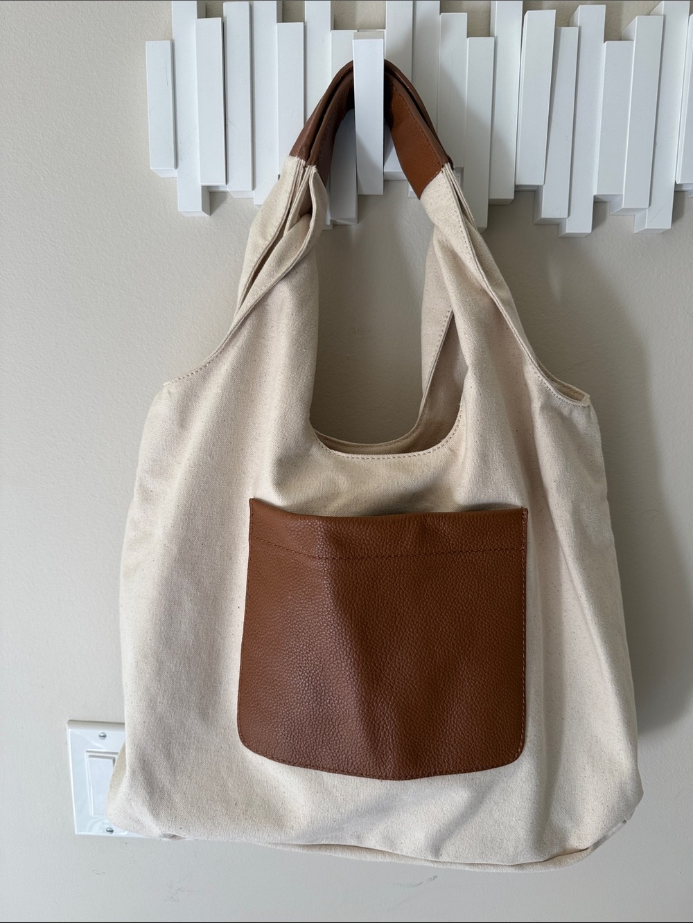 J. Jill Canvas Shoulder Tote with Brown Leather Pocket Handles